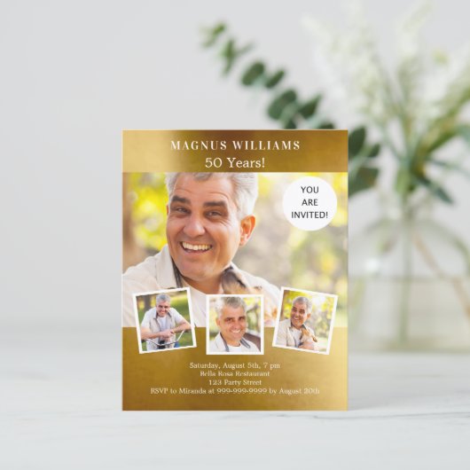 Gouden foto collage verjaardagsuitnodiging (Staand voorkant)