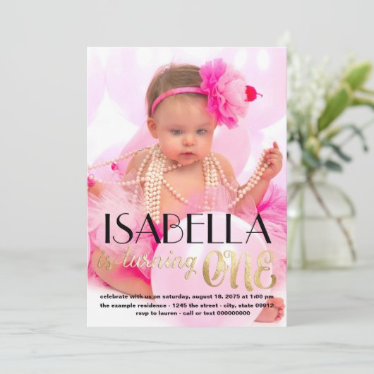 Gouden foto eerste verjaardag uitnodiging (Staand voorkant)