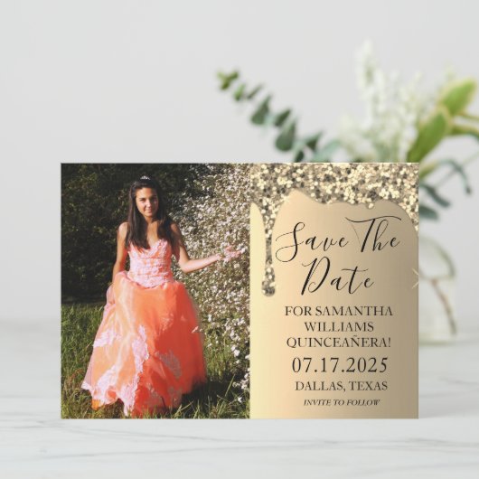 Gouden foto Sparkle Glitter Drips Quinceanera Save The Date (Staand voorkant)