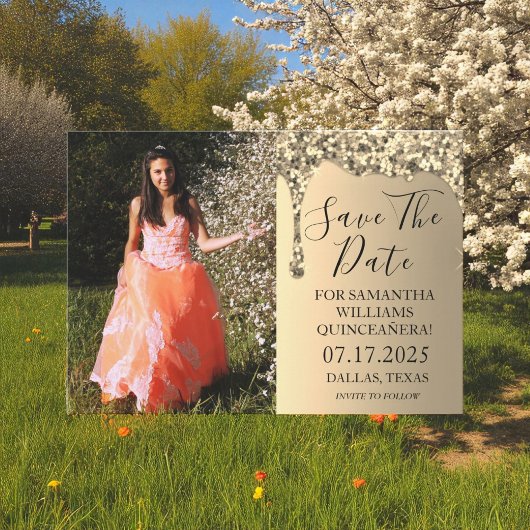 Gouden foto Sparkle Glitter Drips Quinceanera Save The Date