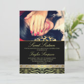 Gouden Foto Zebra Print Sweet16 Verjaardag uitnodi Kaart (Staand voorkant)