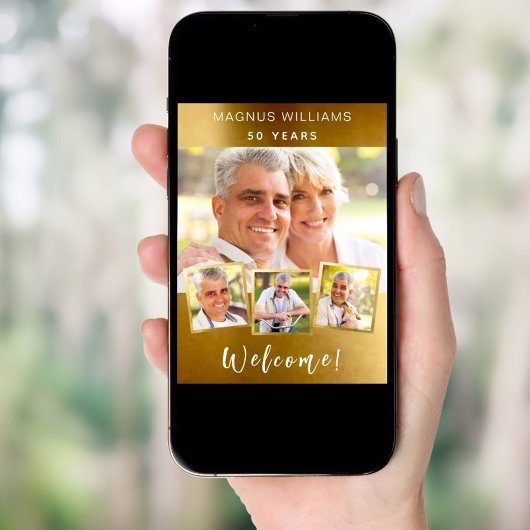 Gouden fotocollage verjaardagsfeestje welkom poster