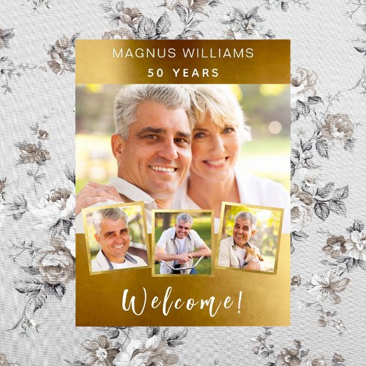 Gouden fotocollage verjaardagsfeestje welkom poster