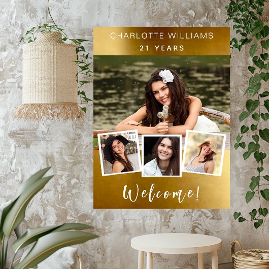 Gouden fotocollage verjaardagsfeestje welkom poster