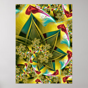 Gouden Fractale Harten en Steruitbarsting Abstract Poster