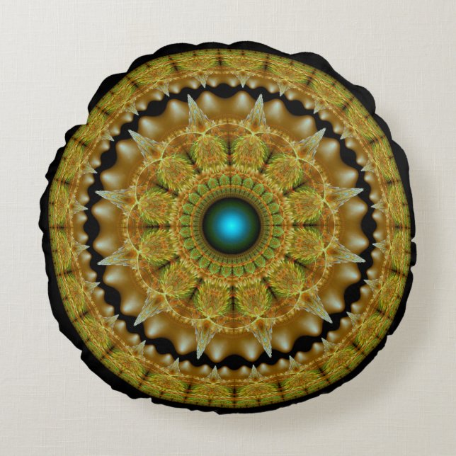 Gouden fractale heldere ornament mandala rond kussen (Voorkant)