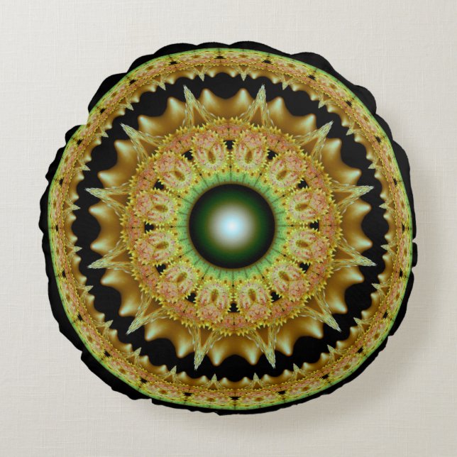 Gouden fractale ronde mandala rond kussen (Voorkant)