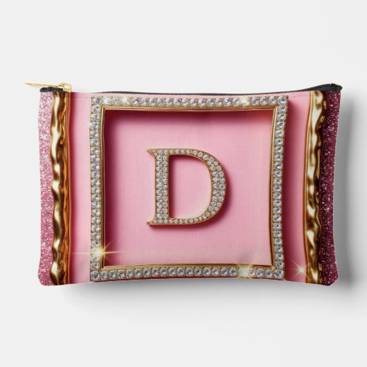 Gouden Frame Diamant Initiaal D Roze Glitter Monog Etui (Voorkant)
