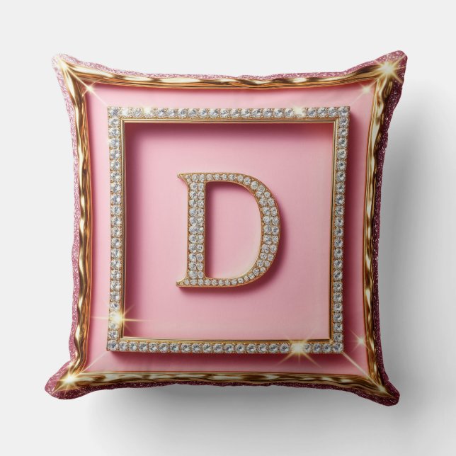 Gouden Frame Diamant Initiaal D Roze Glitter Monog Kussen (Voorkant)