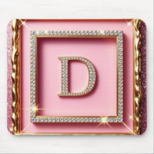 Gouden Frame Diamant Initiaal D Roze Glitter Monog Muismat
