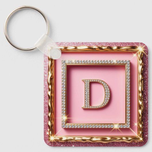 Gouden Frame Diamant Initiaal D Roze Glitter Monog Sleutelhanger (Voorkant)