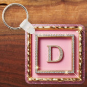 Gouden Frame Diamant Initiaal D Roze Glitter Monog Sleutelhanger (Voorkant)