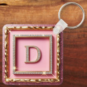 Gouden Frame Diamant Initiaal D Roze Glitter Monog Sleutelhanger (Achterkant)