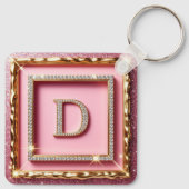 Gouden Frame Diamant Initiaal D Roze Glitter Monog Sleutelhanger (Achterkant)