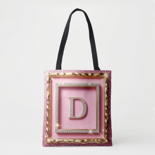 Gouden Frame Diamant Initiaal D Roze Glitter Monog Tote Bag (Voorkant)