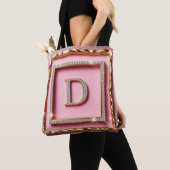 Gouden Frame Diamant Initiaal D Roze Glitter Monog Tote Bag (Dichtbij)