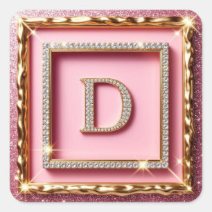 Gouden Frame Diamant Initiaal D Roze Glitter Monog Vierkante Sticker