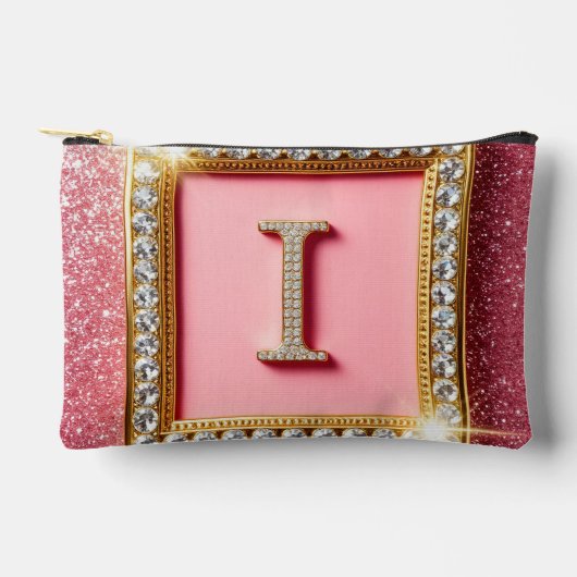 Gouden Frame Diamant Initiaal I Roze Glitter Monog Etui (Voorkant)