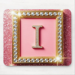 Gouden Frame Diamant Initiaal I Roze Glitter Monog Muismat