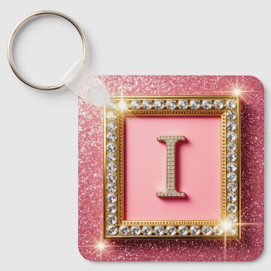 Gouden Frame Diamant Initiaal I Roze Glitter Monog Sleutelhanger (Voorkant)