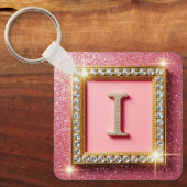 Gouden Frame Diamant Initiaal I Roze Glitter Monog Sleutelhanger (Voorkant)