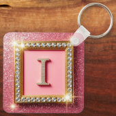 Gouden Frame Diamant Initiaal I Roze Glitter Monog Sleutelhanger (Achterkant)