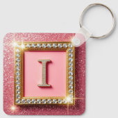Gouden Frame Diamant Initiaal I Roze Glitter Monog Sleutelhanger (Achterkant)