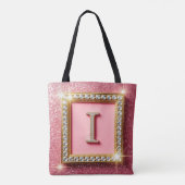 Gouden Frame Diamant Initiaal I Roze Glitter Monog Tote Bag (Achterkant)