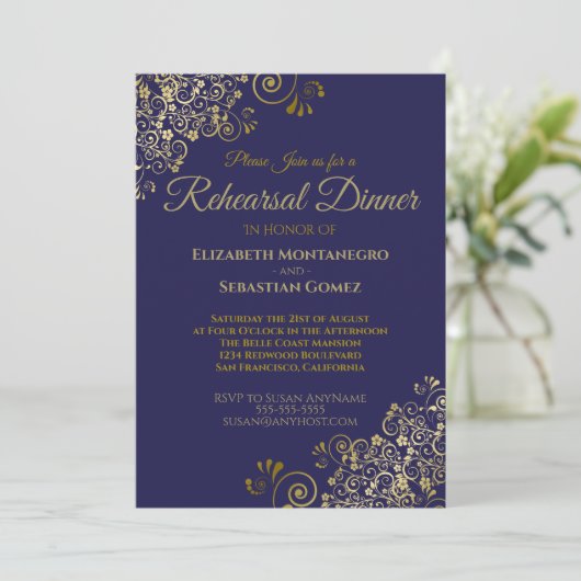 Gouden franje op Navy bruiloft repetitie diner Kaart (Staand voorkant)