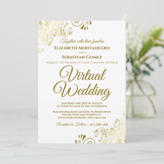 Gouden franje op witte elegante virtuele bruiloft kaart (Staand voorkant)