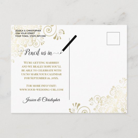 Gouden franje op zwarte bruiloft Bewaar de datum F Aankondigingskaart (Achterkant)