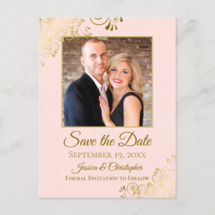 Gouden franjes Blush Roze Bruiloft Save the Date F Aankondigingskaart