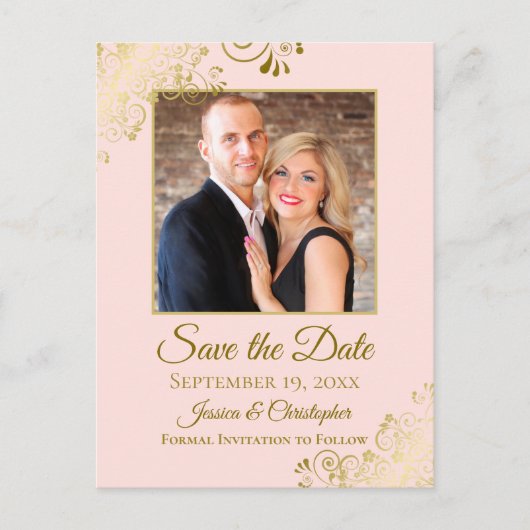 Gouden franjes Blush Roze Bruiloft Save the Date F Aankondigingskaart (Voorkant)