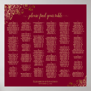 Gouden franjes op bordeaux alfabetische zitplaatsk poster