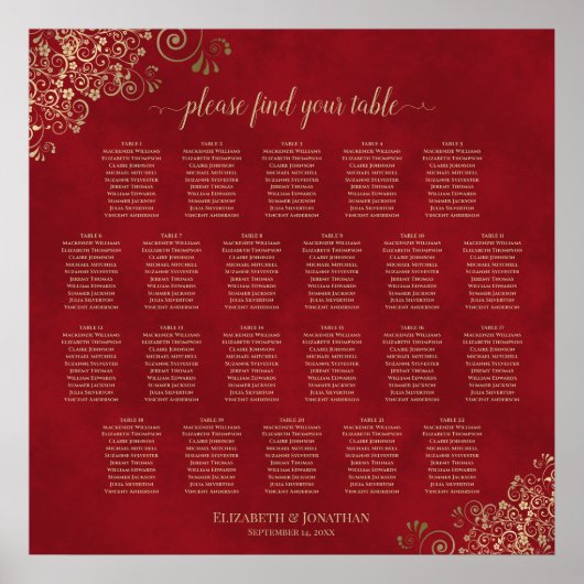 Gouden franjes op rode tafelindeling bruiloftszete poster (Voorkant)