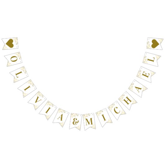 Gouden franjes op witte bruiloft paar namen elegan vlaggetjes (Alle)