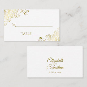 Gouden franjes op witte elegante trouwbegeleidings plaatskaartje