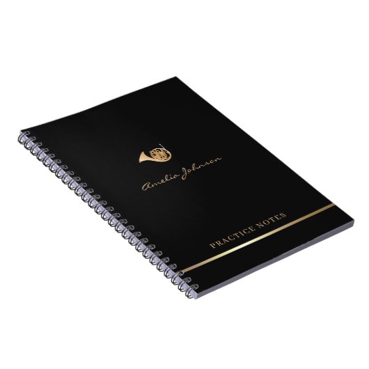 Gouden Franse hoorn Elegant Script Stijlvolle muzi Notitieboek (Rechterzijde)
