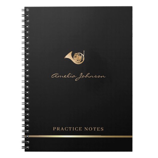 Gouden Franse hoorn Elegant Script Stijlvolle muzi Notitieboek (Voorkant)