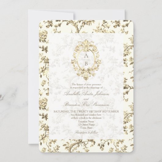 Gouden Franse Toile Monogram QR Code Trouwen Kaart (Voorkant)