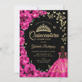 Gouden Fuchsia Roze Rozen Vlinders Quinceanera Kaart (Voorkant)