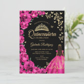 Gouden Fuchsia Roze Rozen Vlinders Quinceanera Kaart (Staand voorkant)