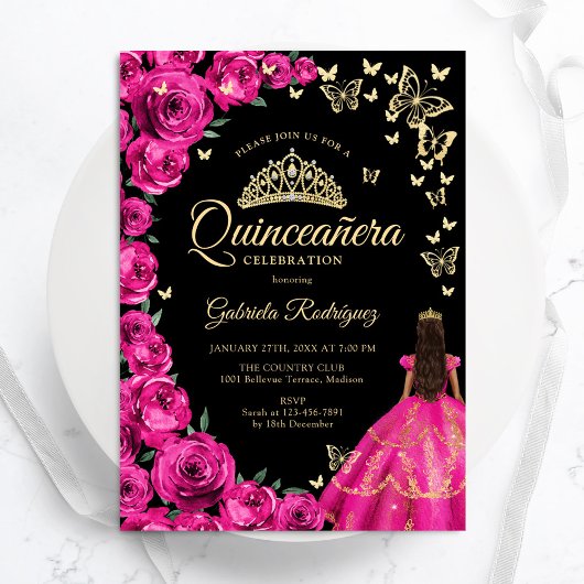 Gouden Fuchsia Roze Rozen Vlinders Quinceanera Kaart