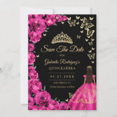 Gouden Fuchsia Roze Rozen Vlinders Quinceanera Save The Date (Voorkant)