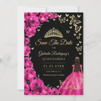 Gouden Fuchsia Roze Rozen Vlinders Quinceanera