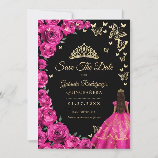 Gouden Fuchsia Roze Rozen Vlinders Quinceanera Save The Date (Voorkant)