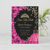 Gouden Fuchsia Roze Rozen Vlinders Quinceanera Save The Date (Staand voorkant)