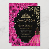 Gouden Fuchsia Roze Rozen Vlinders Quinceanera Save The Date (Voorkant / Achterkant)