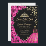 Gouden Fuchsia Roze Rozen Vlinders Quinceanera Save The Date<br><div class="desc">Zwarte fuchsia roze goud Quinceanera viering opslaan van de datum kaart. Voorzien van brunette meisje in baljurk jurk,  script lettertype,  gouden vlinders,  hete roze rozen en tiara. Perfect voor een elegante prinses stijl glamour viering. Personaliseer met uw eigen gegevens. Gedrukte Zazzle-kaarten of direct te downloaden digitale afdrukbare sjabloon.</div>