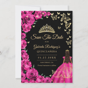 Gouden Fuchsia Roze Rozen Vlinders Quinceanera Save The Date